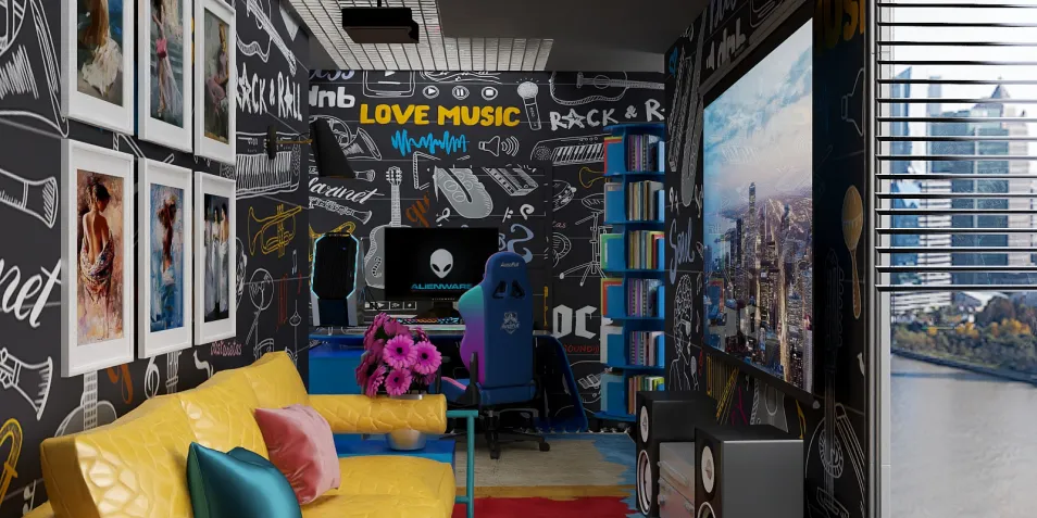 colorful lounge area with modern decor featuring a yellow sofa, vibrant wall art, and a multimedia setup in a small urban apartment, showcasing interior design optimization using Homestyler's real-time 3D rendering feature