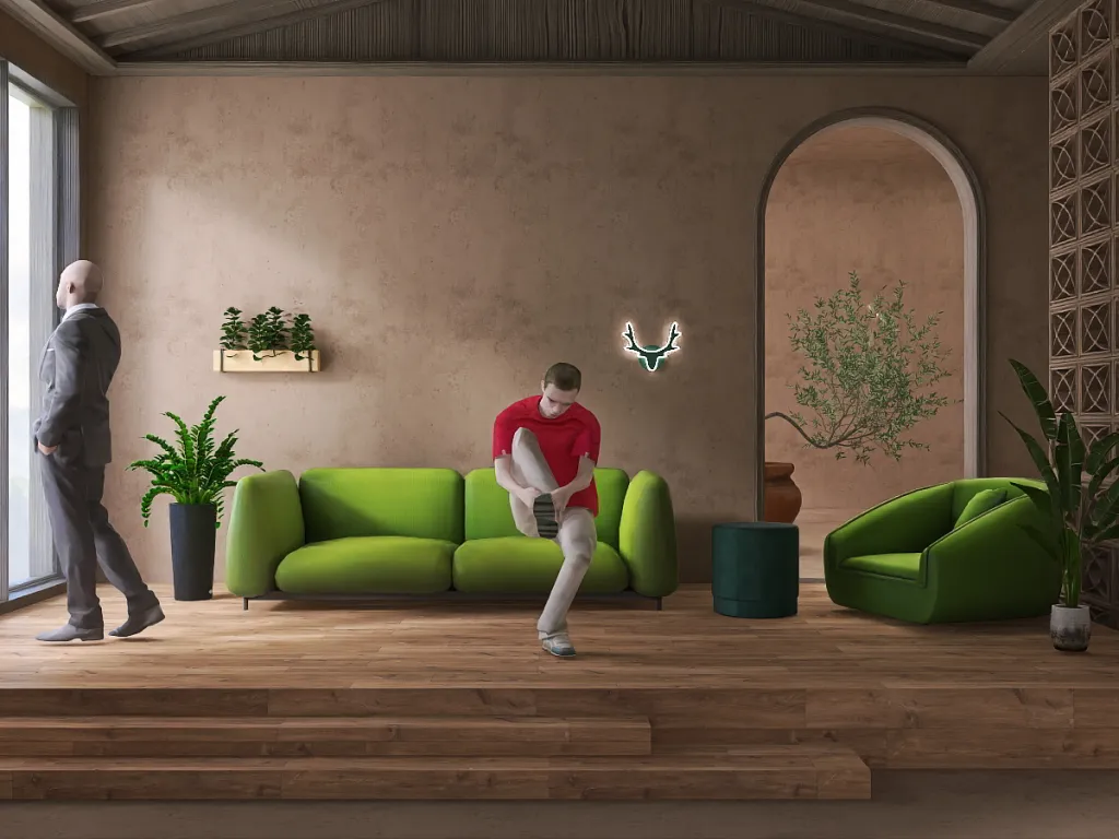 a woman is playing a game with a green couch 