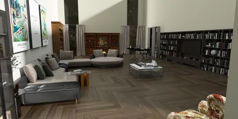 Living room with a modern sofa and circular seating arrangement, featuring contemporary design and elegant aesthetics, showcasing Homestyler's real-time 3D rendering capabilities.