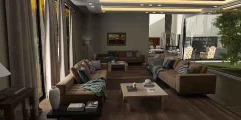 living room design featuring cozy sofas and a wooden coffee table, showcasing modern interior decor style with a focus on spaciousness and comfort, enhanced by Homestyler's real-time 3D rendering feature.