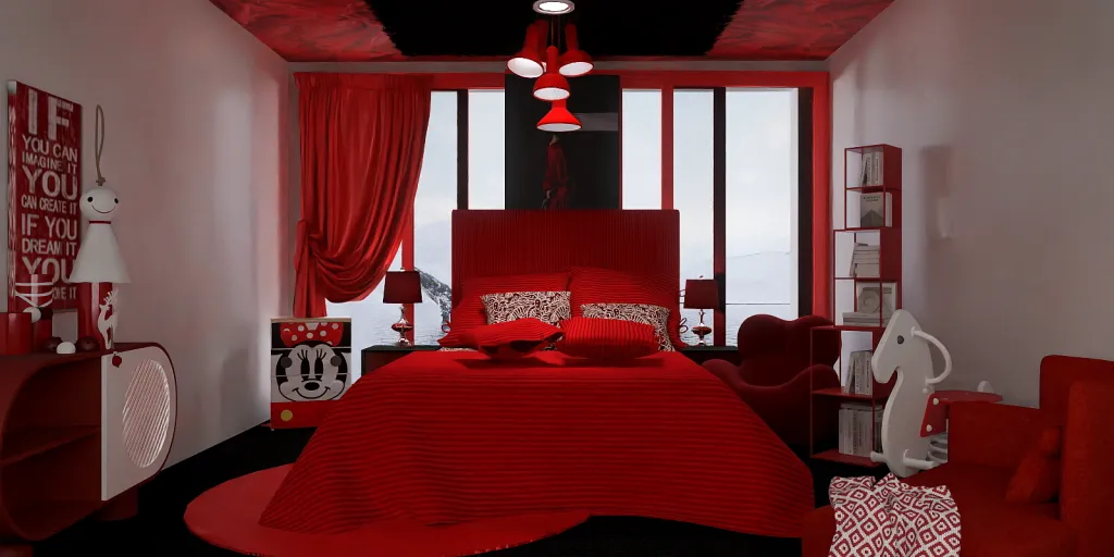 a red bed room with a red couch and red curtains 