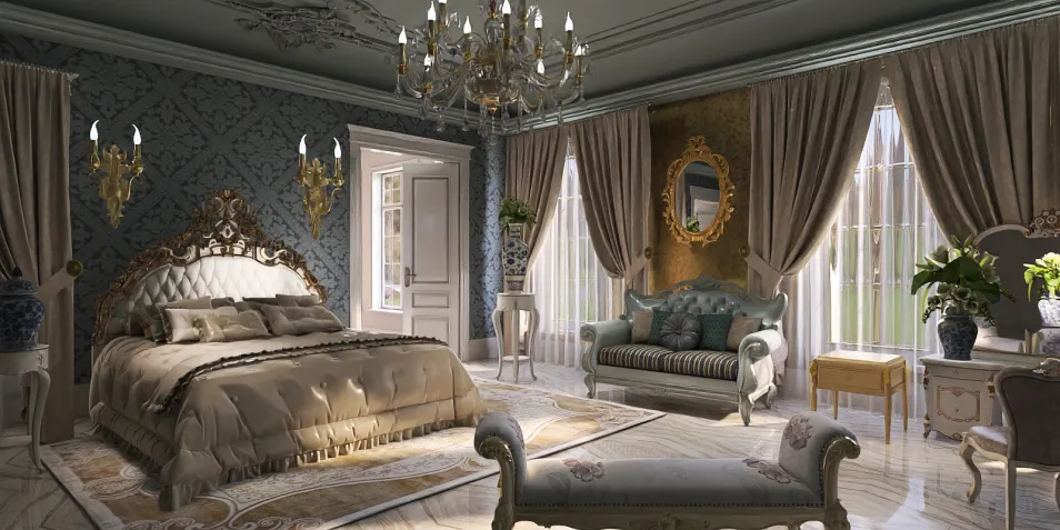 luxurious bedroom with elegant chandelier and ornate furniture featuring a vintage design for interior decor enhancements; showcasing Homestyler's real-time 3D rendering feature for realistic visualizations.