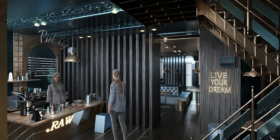 modern cafe design featuring a barista area and lounge seating with a chic atmosphere and efficient layout using Homestyler's real-time 3D rendering function