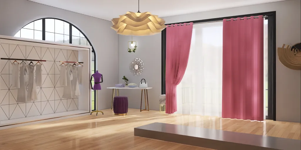 a room with a large window and a large mirror 