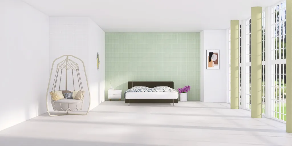 a bed in a room with a white bedspread 