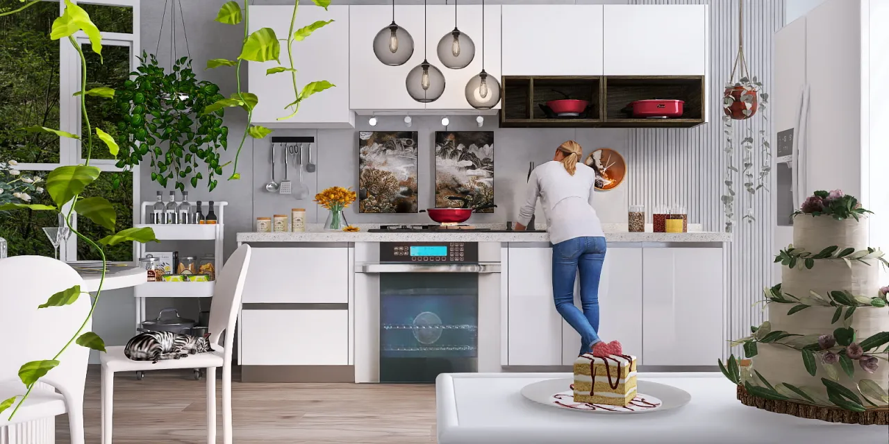 a woman is standing in a kitchen with a cake 