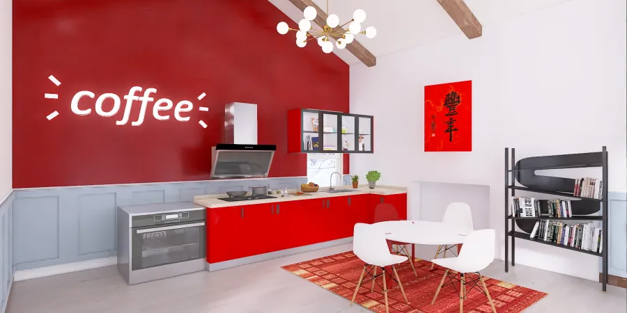 a kitchen with a large red wall and a large white table 