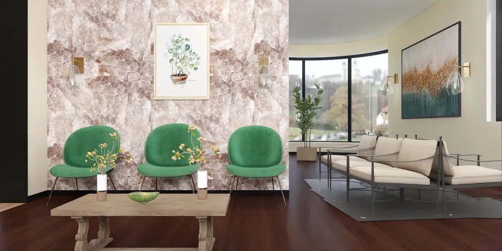 a living room with a green couch and a table 