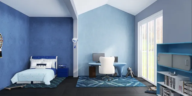 Un garçon aime la chambre bleu
