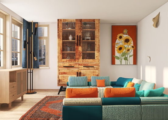 Cozy Living room in Blue and Orange Design Rendering