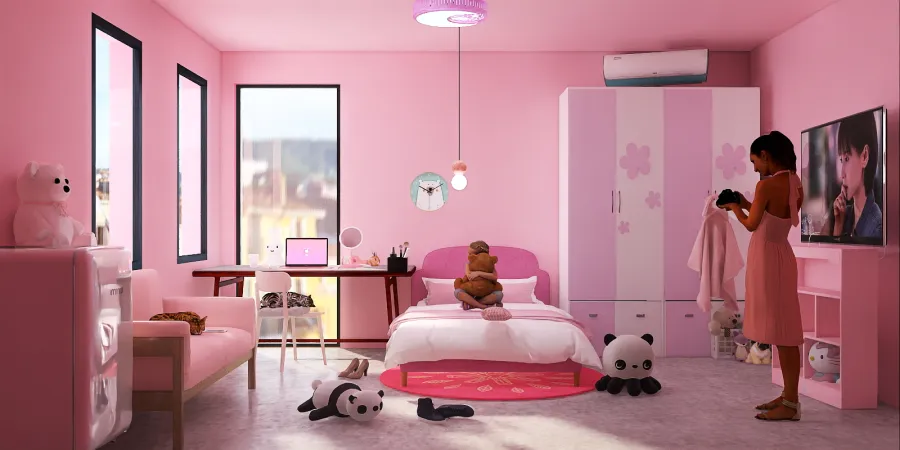 a woman in a pink dress is in a pink room 