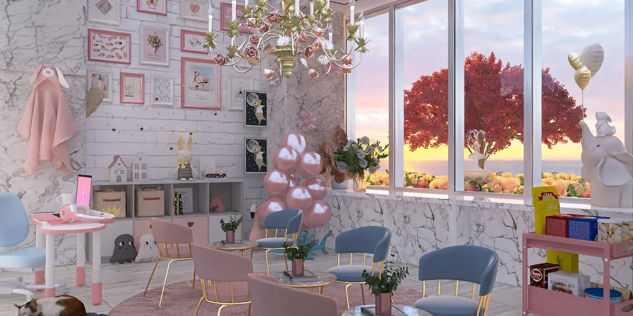 a room with a table and chairs and a table with flowers 