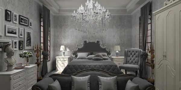 Elegant bedroom design featuring a luxurious bed with ornate headboard, adding a sophisticated touch through a modern chandelier and stylish decor elements, utilizing Homestyler's real-time 3D rendering for interior design visualization.