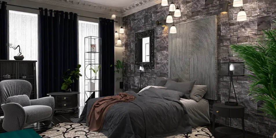 A cozy bedroom featuring a plush bed with gray bedding and stylish decor, showcasing modern design elements and a sophisticated atmosphere. This interior design incorporates Homestyler's real-time 3D rendering feature, enhancing the visualization of space.
