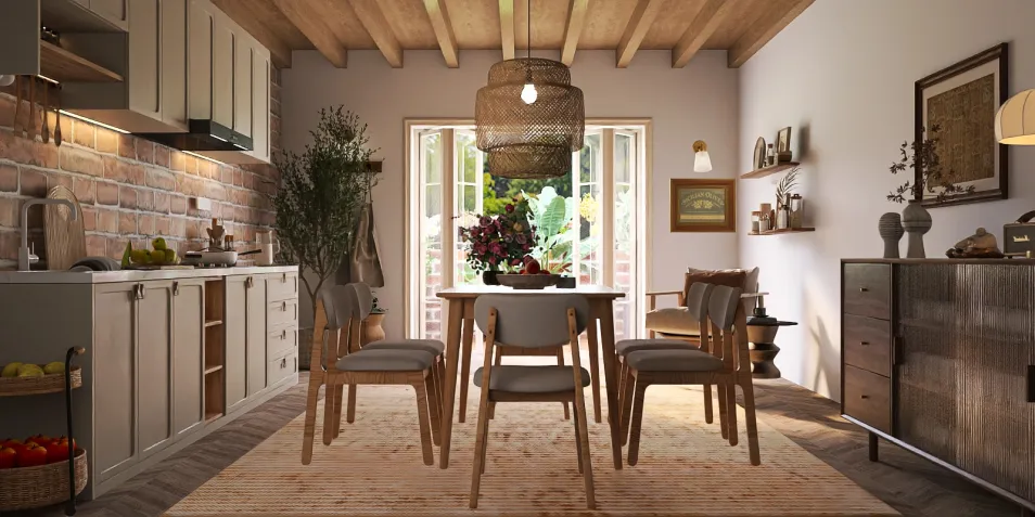 Dining room featuring a wooden dining table set with chairs and rustic decor, showcasing a cozy farmhouse style; an interior design idea using Homestyler's real-time 3D rendering feature for effective remodeling previews.