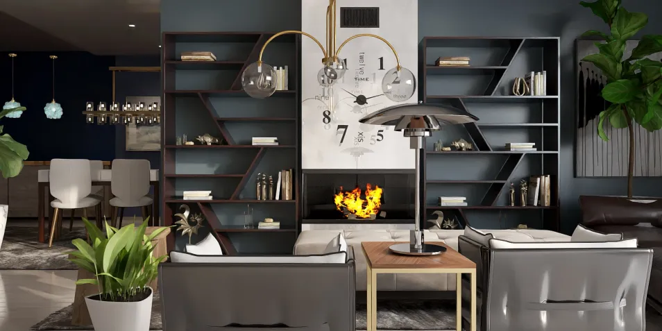 modern living room design featuring a stylish shelving unit and contemporary decor, showcasing interior decoration ideas with Homestyler's real-time 3D rendering functionality.