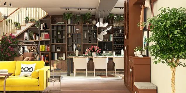 An indoor bar with an open lounge and asmall books