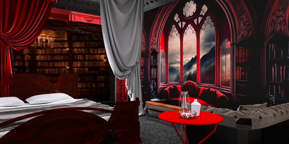 luxurious bedroom design featuring a gothic style with rich red curtains and a dramatic mural, utilizing Homestyler's real-time 3D rendering for an immersive interior decor experience.
