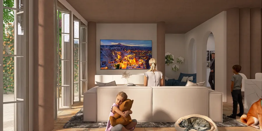 a living room with a large painting of a dog on the wall 