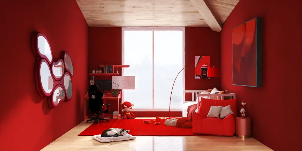 a red wall with a red couch and a red wall with a red wall 