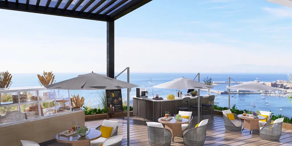 a patio with a view of the ocean and a beach 