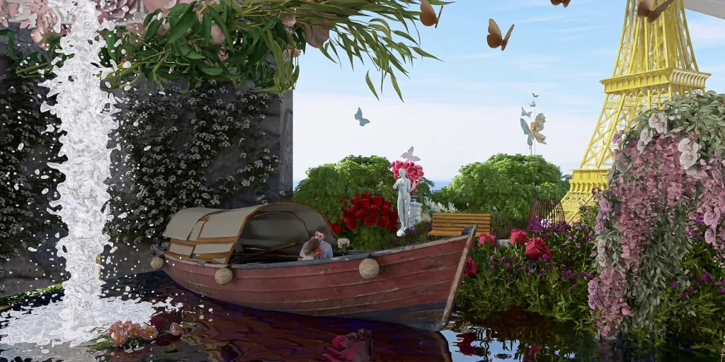 a boat with a bunch of flowers on it 