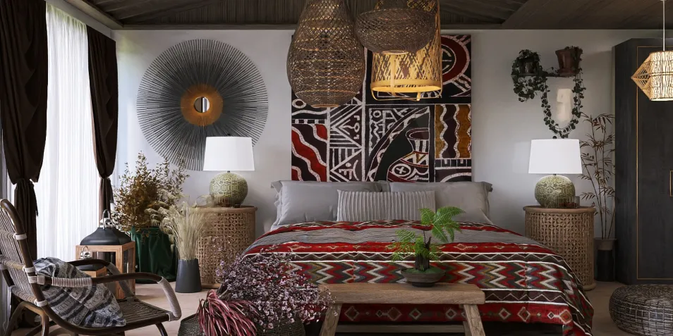 bohemian bedroom with patterned textiles featuring a cozy layout and natural decor elements, showcasing an interior design concept that utilizes Homestyler's smart furniture arrangement feature for optimized space.