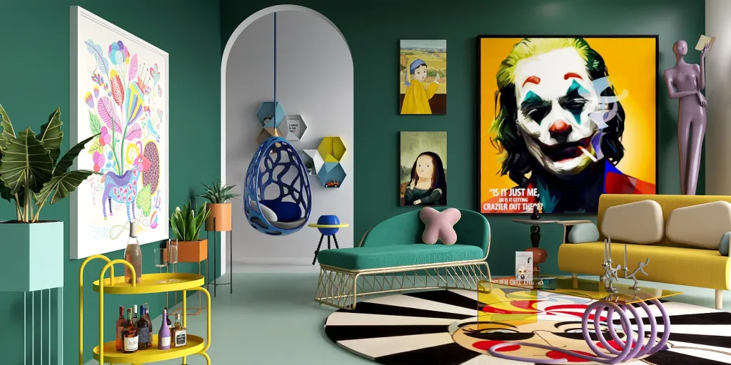 a living room filled with furniture and a painting 