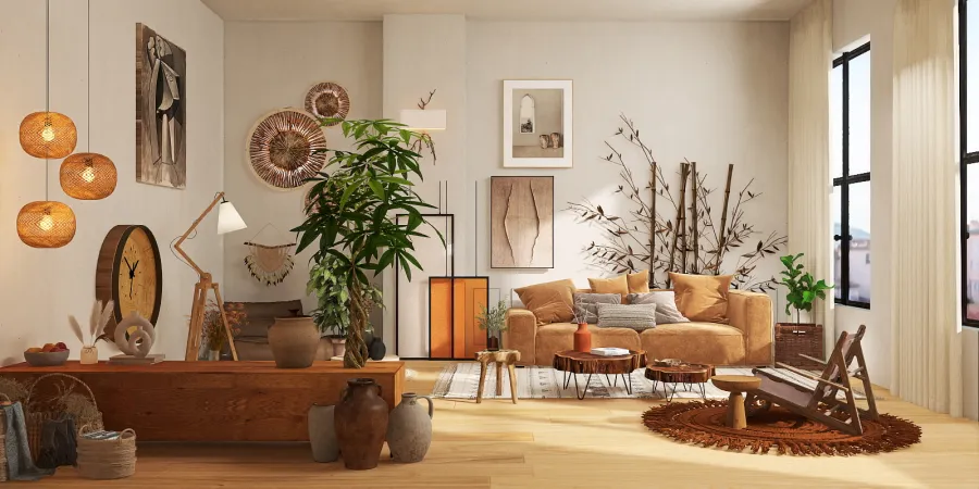 a living room with a couch, chairs, and a table 