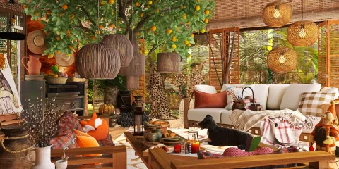 cozy living room with a lush indoor garden featuring oranges, designed for relaxation using intelligent furniture arrangement, showcasing modern tropical decor with a focus on indoor greenery, utilizing Homestyler's real-time 3D rendering feature.