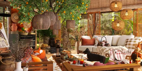 cozy living room with a tropical vibe featuring a large green tree and wicker lamps, designed in a bohemian style for enhancing indoor decor, showcasing Homestyler's real-time 3D rendering capability.