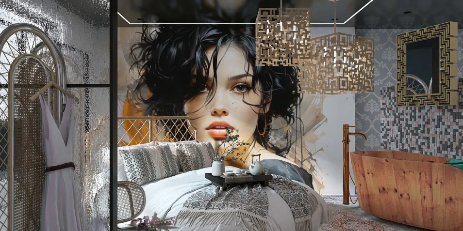 bedroom design featuring a stylish bed with creative wall art, showcasing a modern bohemian style, emphasizing cozy living space; utilizing Homestyler's real-time 3D rendering feature for instant design visuals.