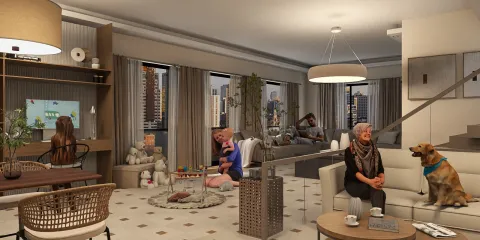 A cozy living room featuring a family gathering and a dog, showcasing modern furniture arrangement, contemporary style, and an inviting atmosphere, utilizing Homestyler's real-time 3D rendering for design proposals.