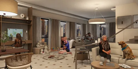 cozy living room design showcasing family interaction and leisure activities in a contemporary style, featuring Homestyler's real-time 3D rendering