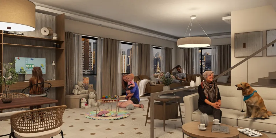 family gathering in a cozy living room, featuring playful activities and warm interactions, modern interior design, showcasing Homestyler's real-time 3D rendering feature