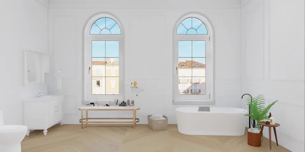 a bathroom with a tub, toilet and window 