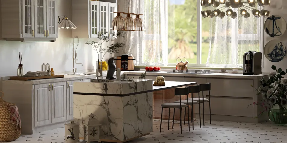 modern kitchen design featuring a marble island with smart furniture arrangement, showcasing a contemporary style that enhances space utilization, utilizing Homestyler's real-time 3D rendering for an immersive design preview