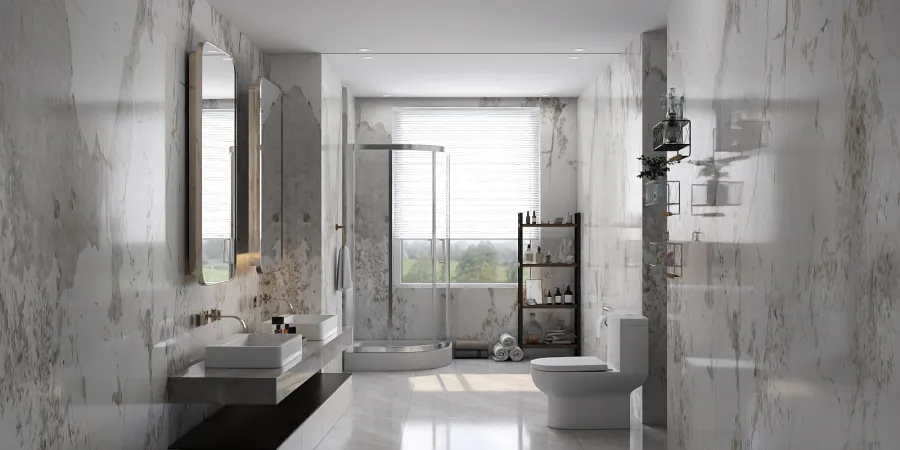 a bathroom with a large window and a large tub 
