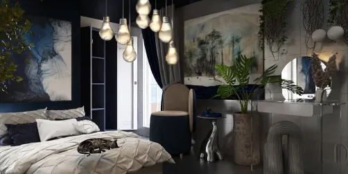 Cozy bedroom featuring dark blue walls and elegant pendant lighting, showcasing modern decor and a touch of nature with indoor plants, ideal for interior design inspiration with Homestyler's real-time 3D rendering feature.