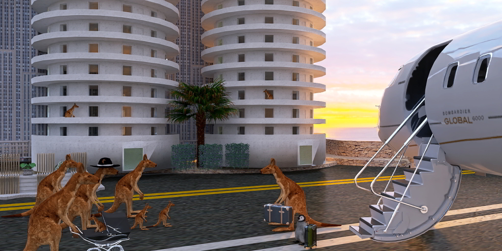 two giraffes are standing in front of a building 