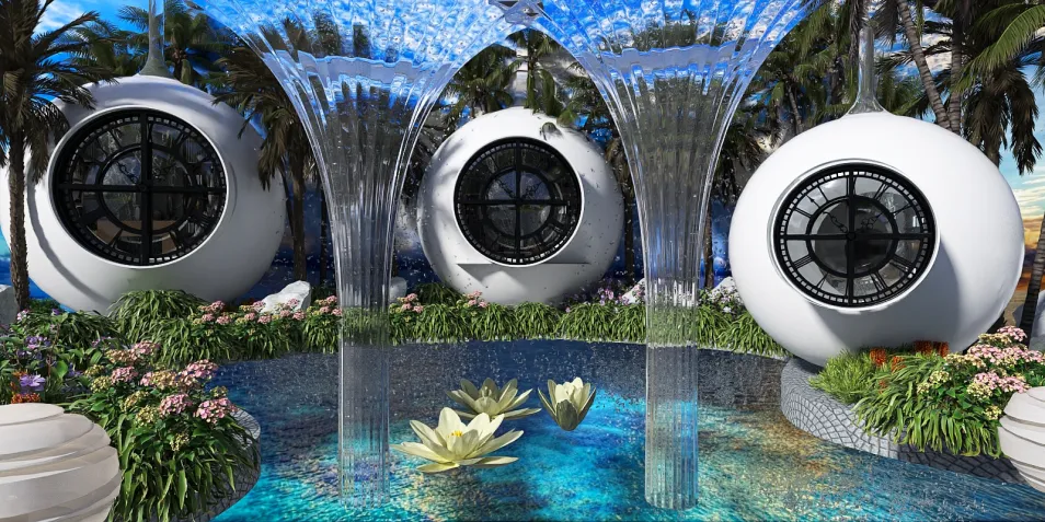 futuristic outdoor living space featuring spherical structures and water features enhancing garden aesthetics using Homestyler's 3D rendering capabilities for design visualization