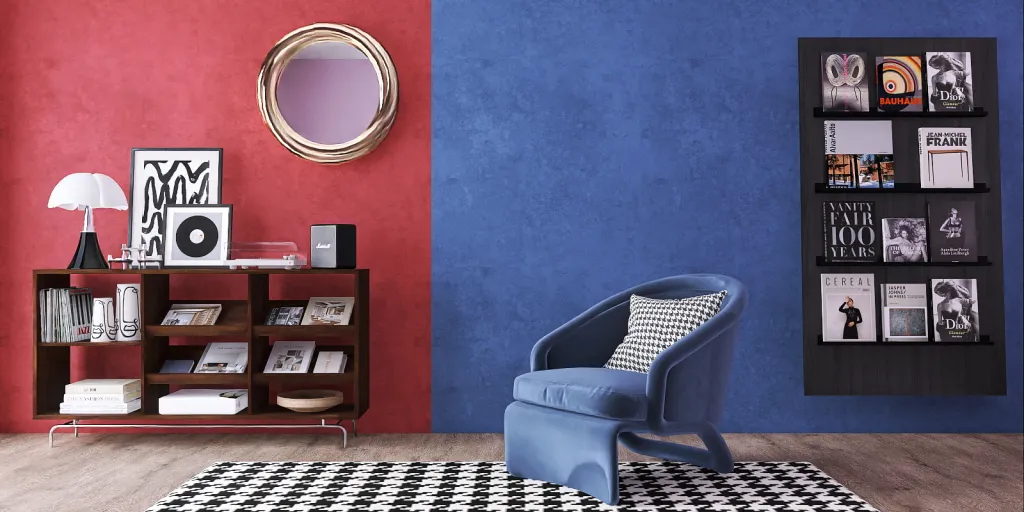 a living room with a chair, a mirror and a bookcase 