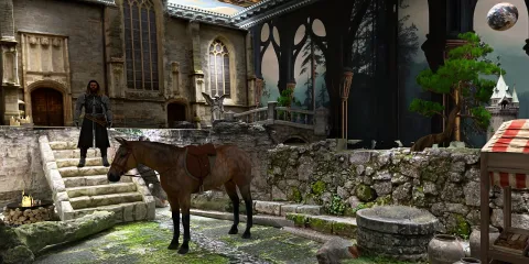 medieval courtyard with a horse and stone architecture featuring dramatic lighting and fantasy elements, showcasing a unique 3D interior design concept using Homestyler's real-time 3D rendering feature