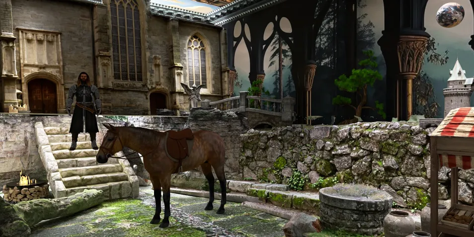 Medieval courtyard with horse, featuring stone walls and lush greenery, designed in a fantasy style, showcasing Homestyler's real-time 3D rendering feature for interior decor.