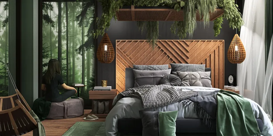 cozy bedroom design featuring a wooden headboard and lush greenery layout, showcasing a modern and nature-inspired interior decor style, with Homestyler's real-time 3D rendering feature for design previews.
