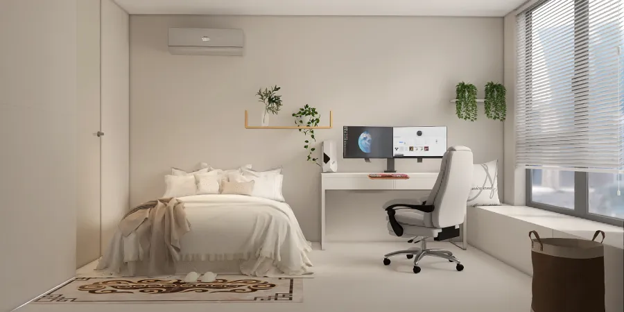 a bedroom with a bed, desk, and television 