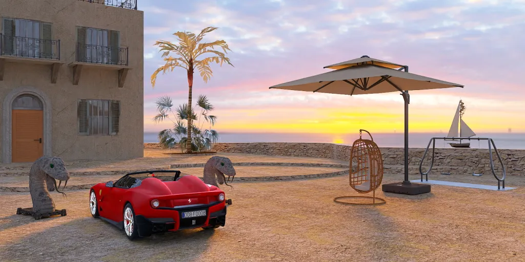 a car parked in front of a beach with a red umbrella 