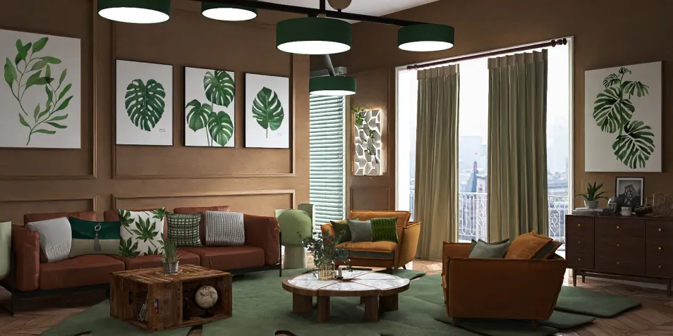 Living room with lush green plants, showcasing an interior design aesthetic involving nature-inspired elements, utilizes Homestyler's 3D rendering feature for realistic previews.