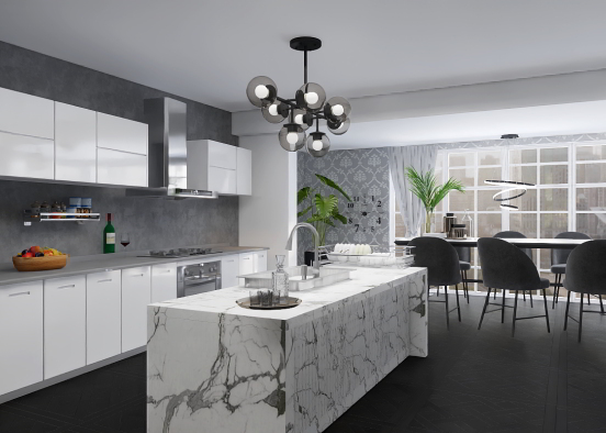 grey kitchen and dining room  Design Rendering
