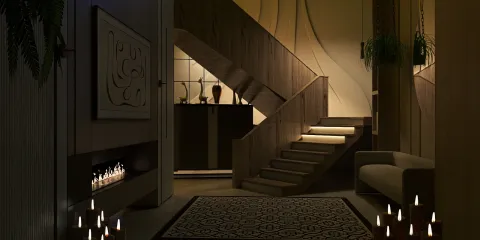 modern staircase design featuring a cozy entryway arranged with stylish furniture and ambient lighting, showcasing significant interior decor elements; utilizing Homestyler's real-time 3D rendering feature for impactful design presentation